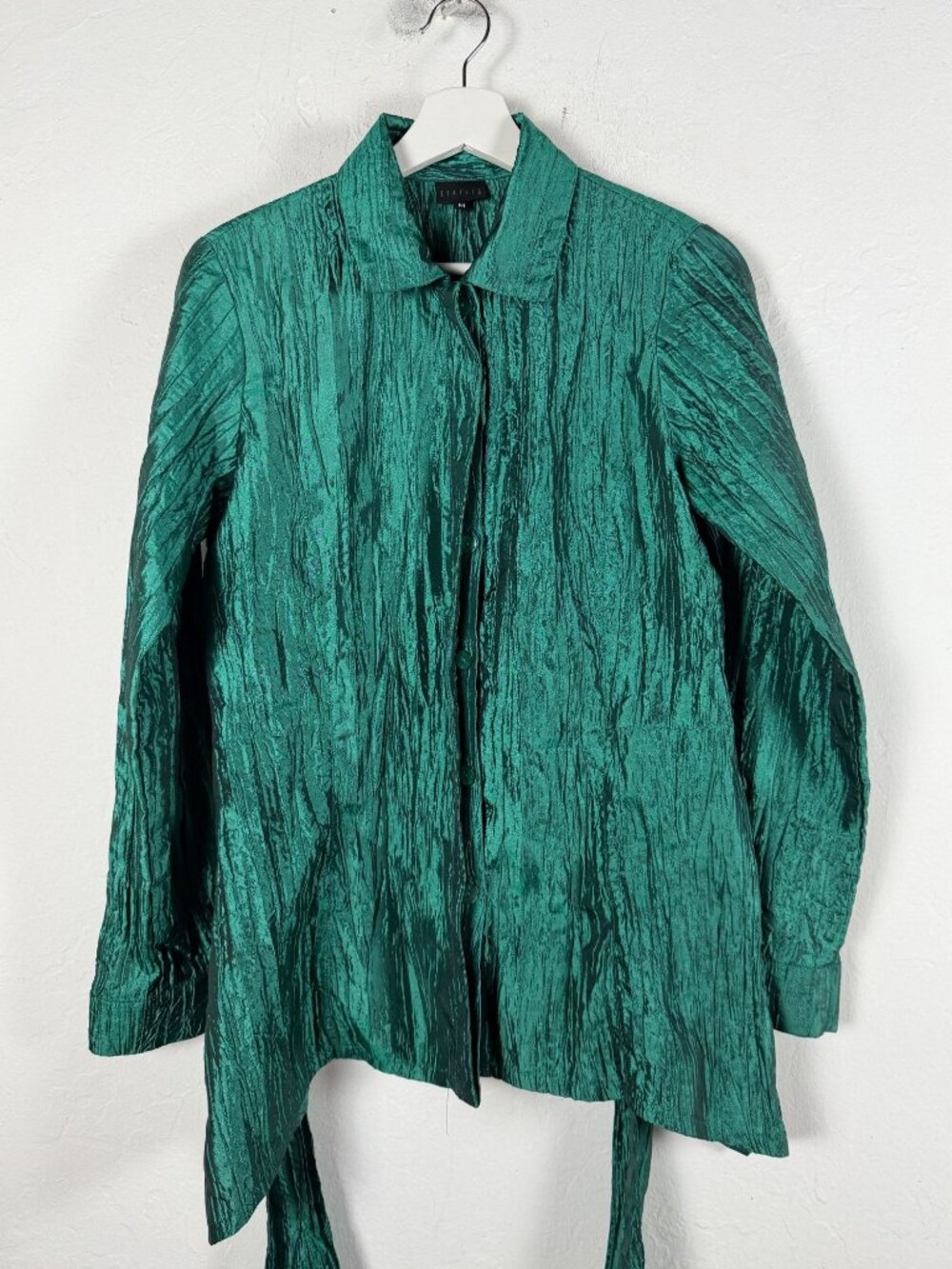 Staples Women Emerald Green Iridescent Crinkle Button Front Blouse Jacket Medium